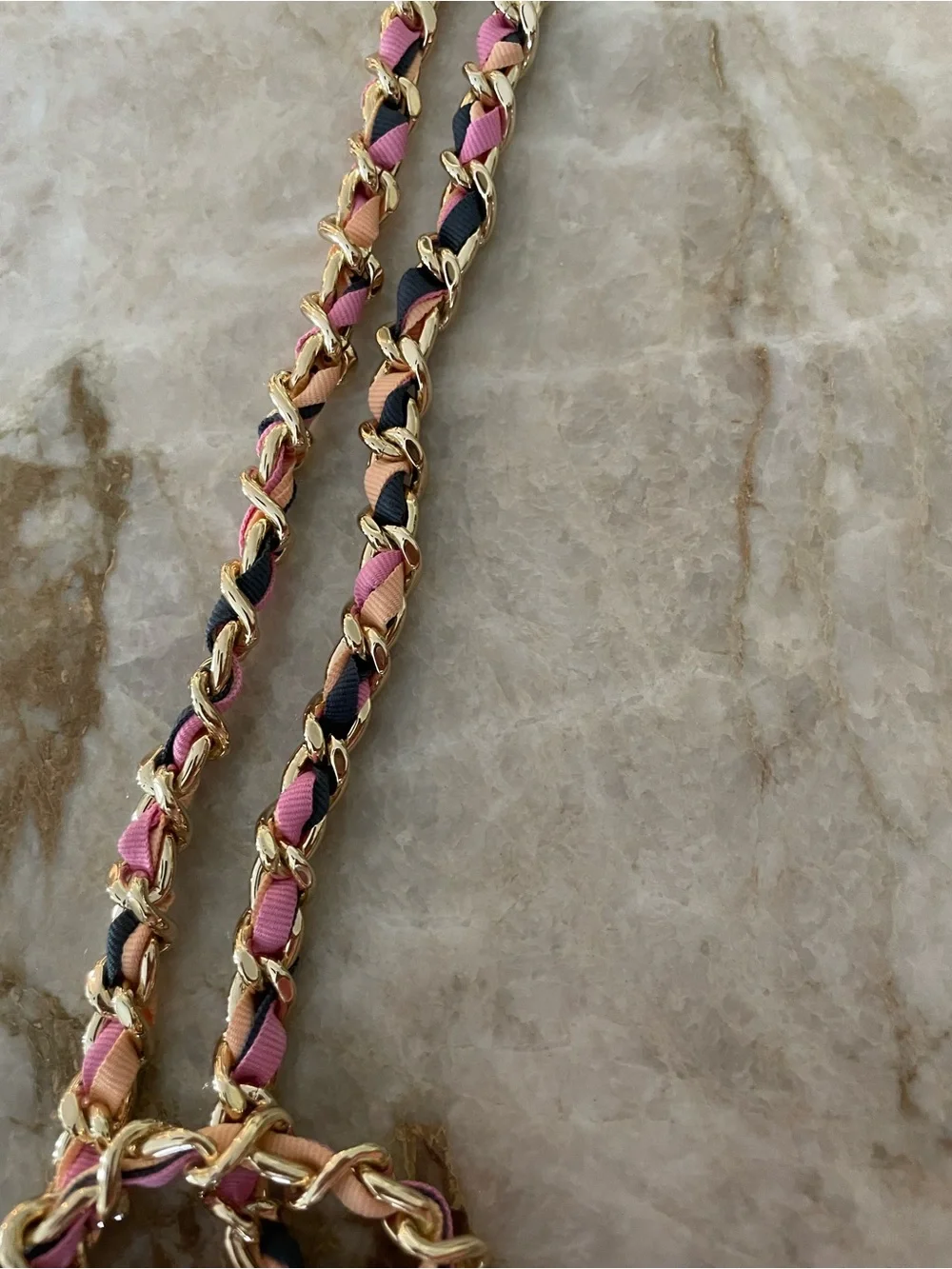 kate spade cream quilted mini crossbody with pink and black woven chain